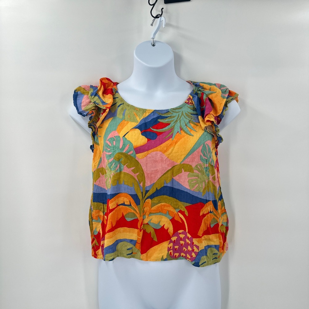 Artsy Christian Siriano Tropical Print Ruffle Sleeve Top Size‎ Large Vacation